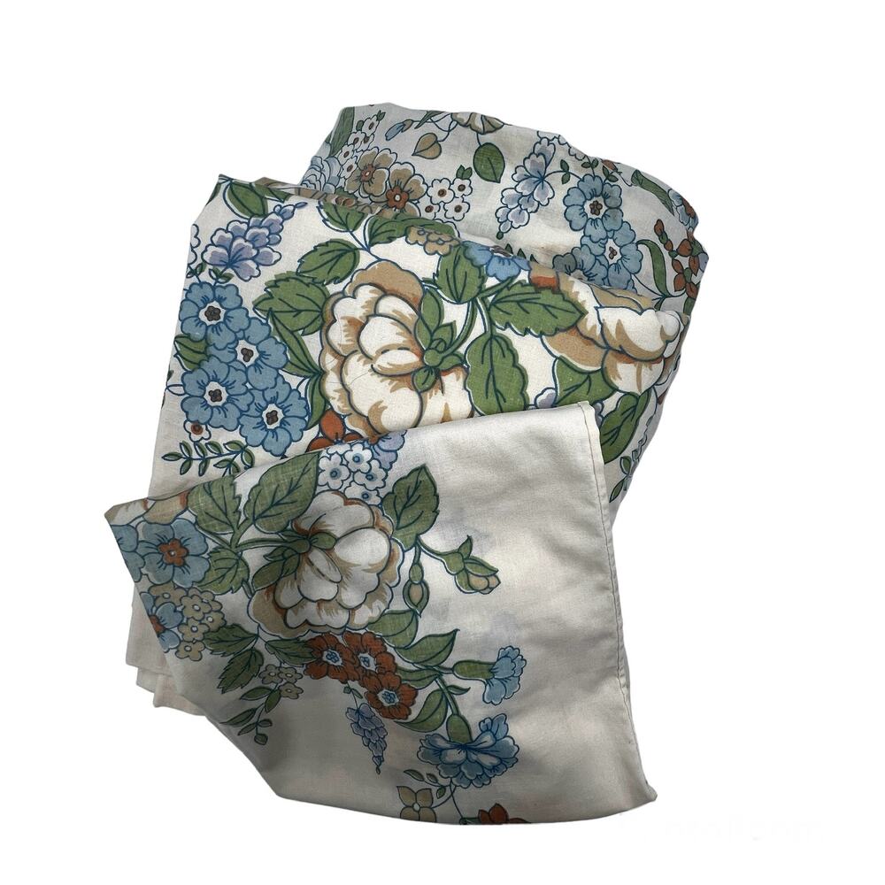 Vintage 70's Floral Bed Sheets Set Queen Size Cream Blue Lady Pepperell Cotton